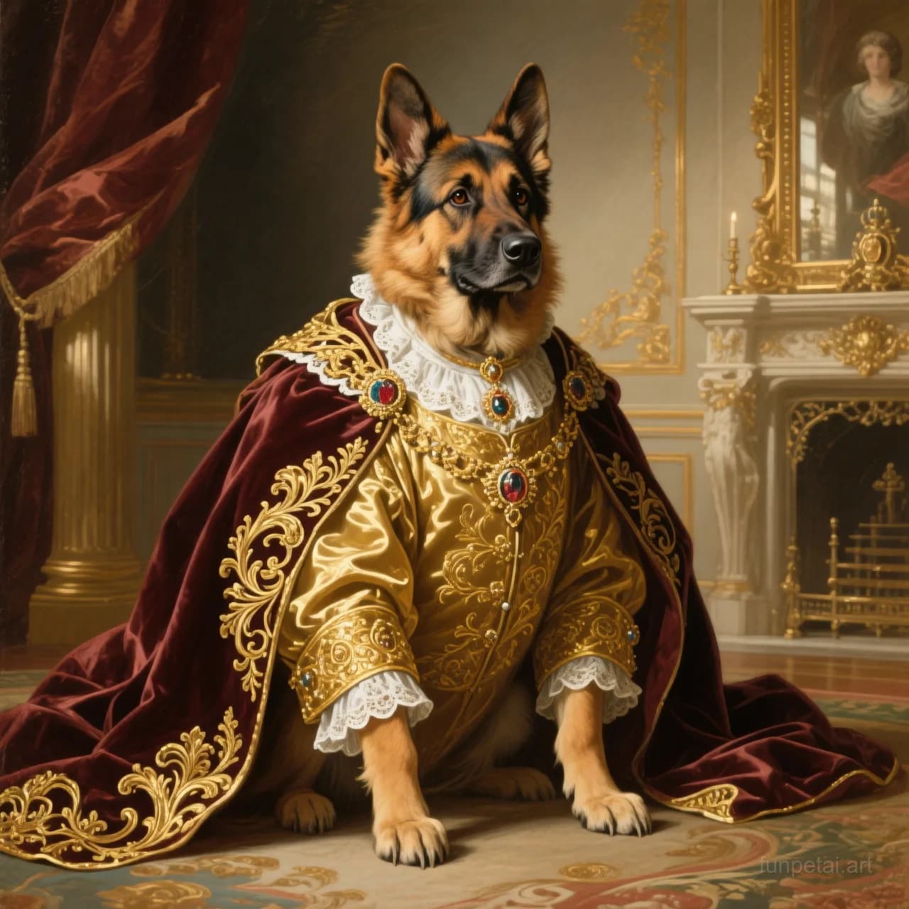 German Shepherd in a royal portrait with ornate outfit, classic oil texture, cinematic AI pet portrait