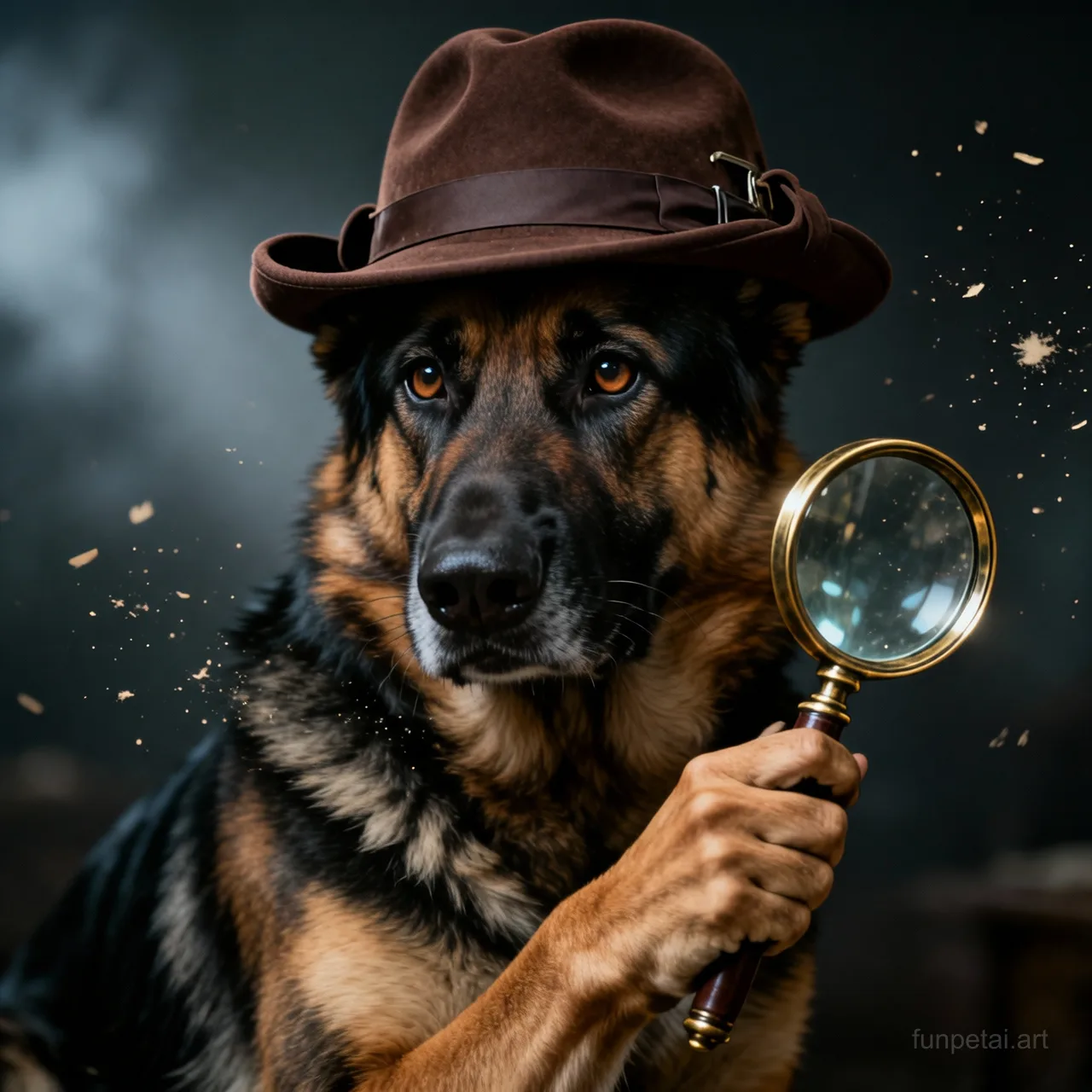 German Shepherd as a detective with a deerstalker hat and magnifier, cinematic AI pet portrait