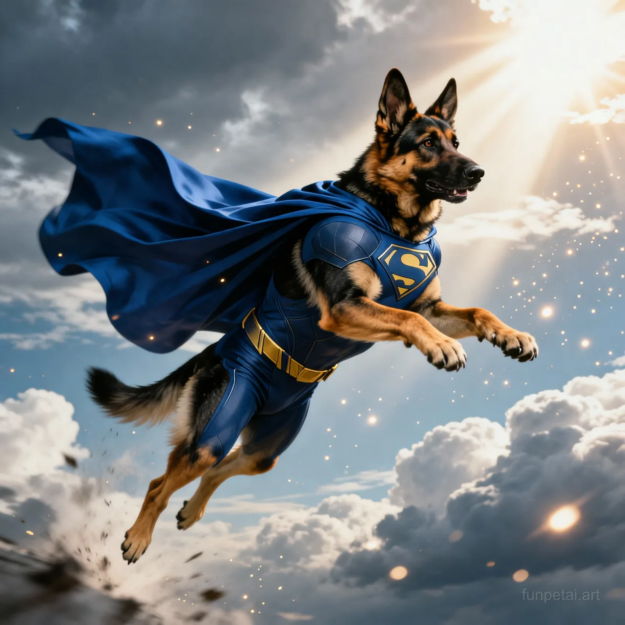 German Shepherd as a superhero with a cape and heroic sky, cinematic AI pet portrait