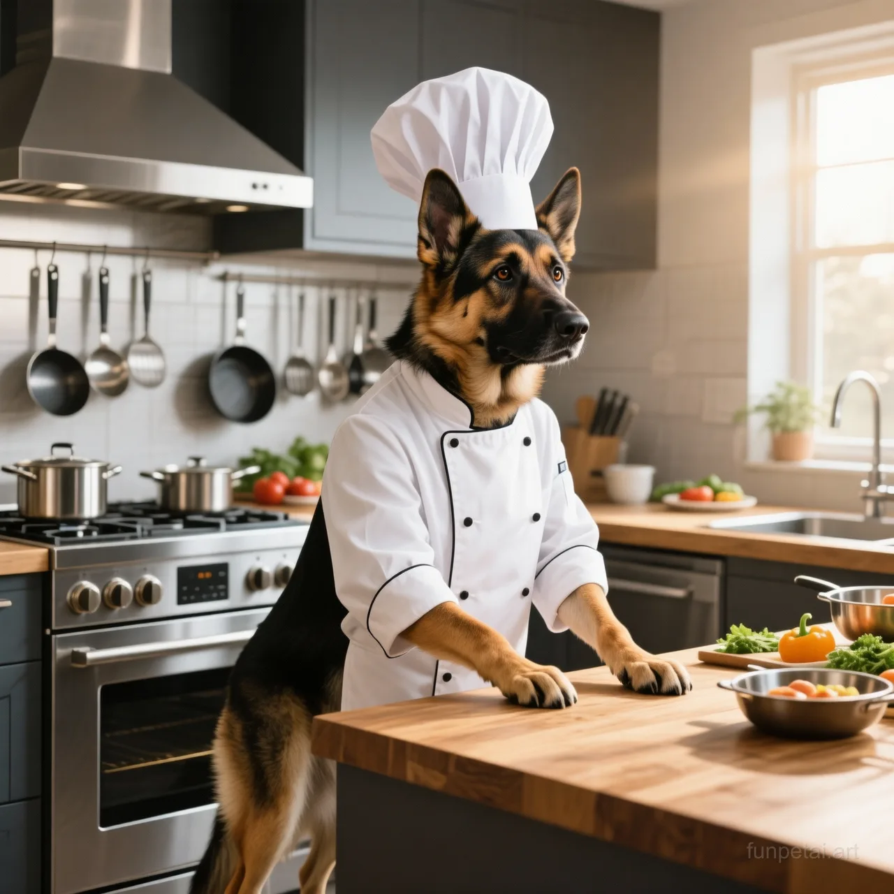 German Shepherd wearing a chef hat in a modern kitchen, cinematic AI pet portrait