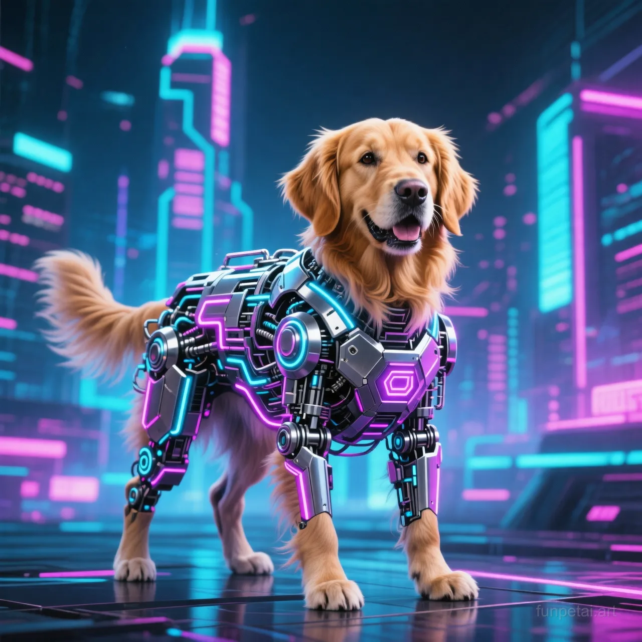 Golden Retriever in neon cyberpunk city lights with metallic accents, cinematic AI pet portrait