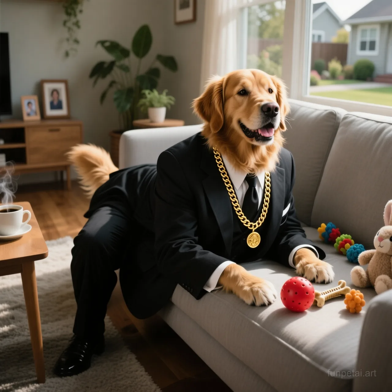 Golden Retriever in a dark suit with gold chain, cinematic noir lighting, cinematic AI pet portrait