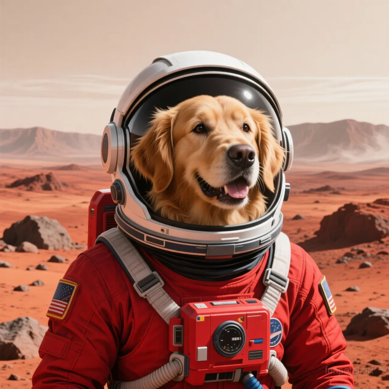 Golden Retriever wearing a space suit on Mars, red planet glow, cinematic AI pet portrait