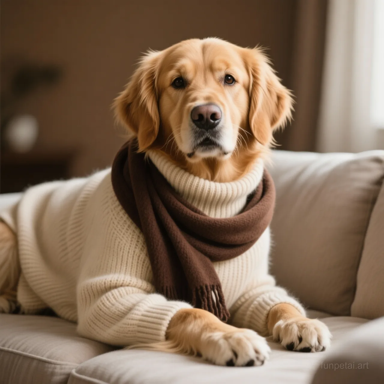Golden Retriever in an old money portrait with cashmere texture, cinematic AI pet portrait