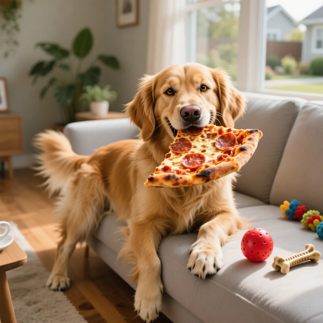 Golden Retriever stealing a pizza slice with a playful expression, cinematic AI pet portrait