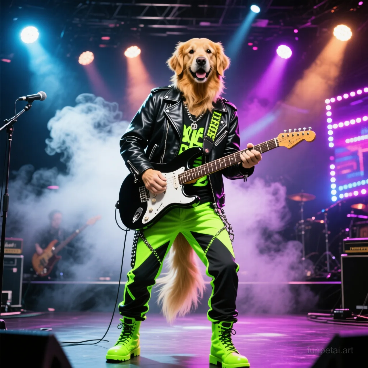 Golden Retriever on stage with an electric guitar and concert lights, cinematic AI pet portrait