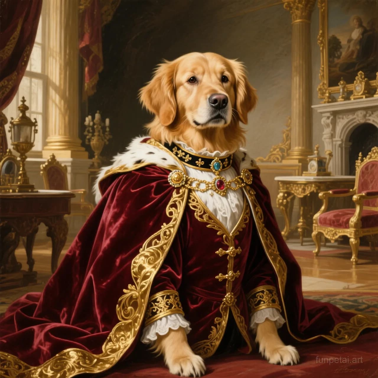 Golden Retriever in a royal portrait with ornate outfit, classic oil texture, cinematic AI pet portrait