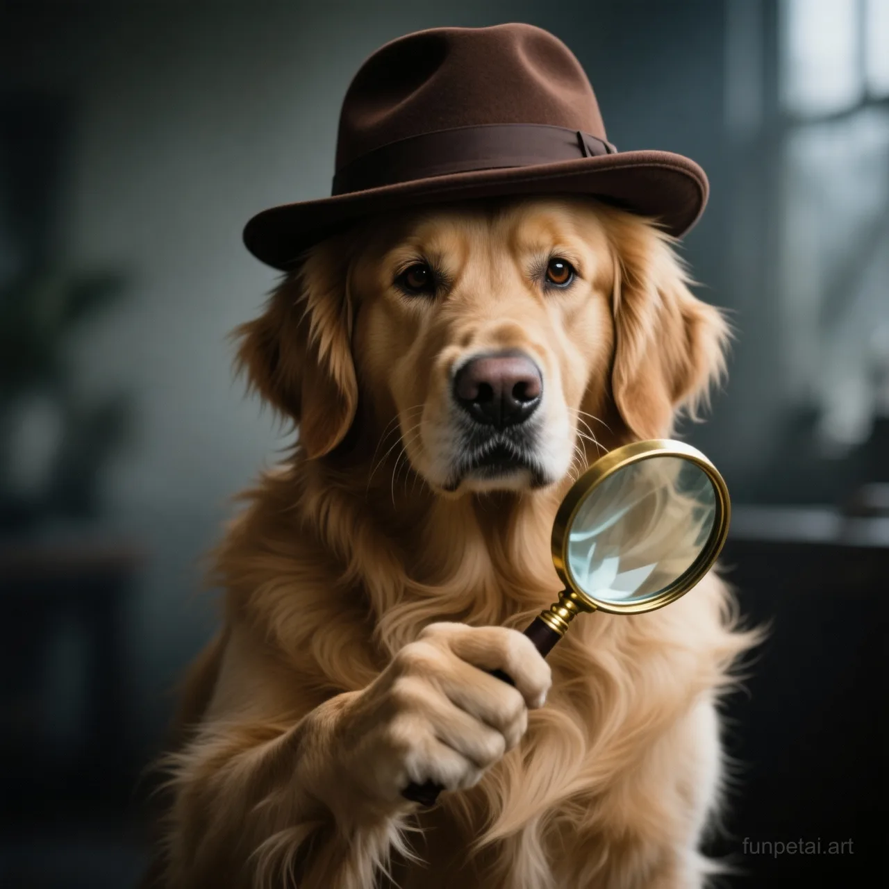 Golden Retriever as a detective with a deerstalker hat and magnifier, cinematic AI pet portrait