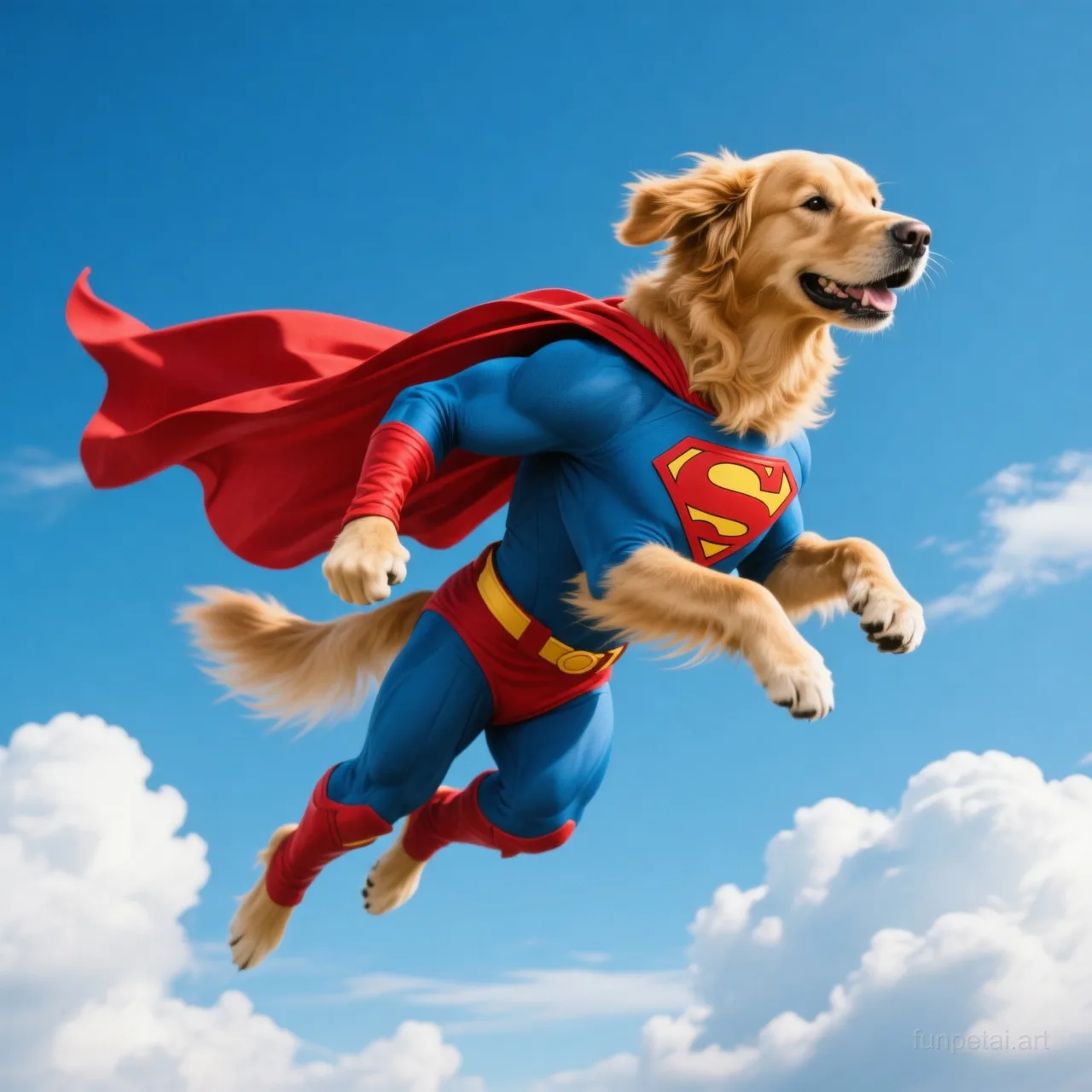 Golden Retriever as a superhero with a cape and heroic sky, cinematic AI pet portrait