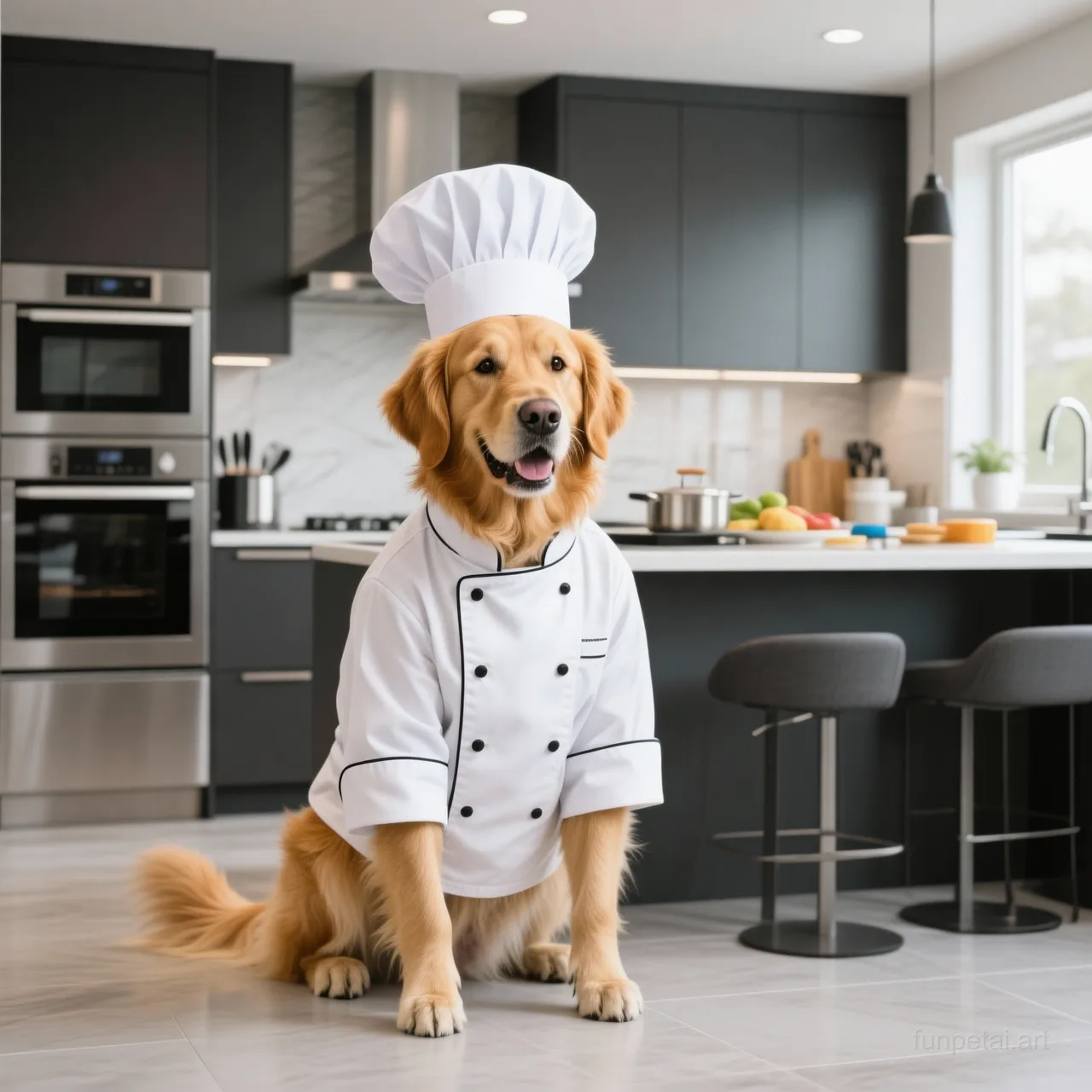 Golden Retriever wearing a chef hat in a modern kitchen, cinematic AI pet portrait