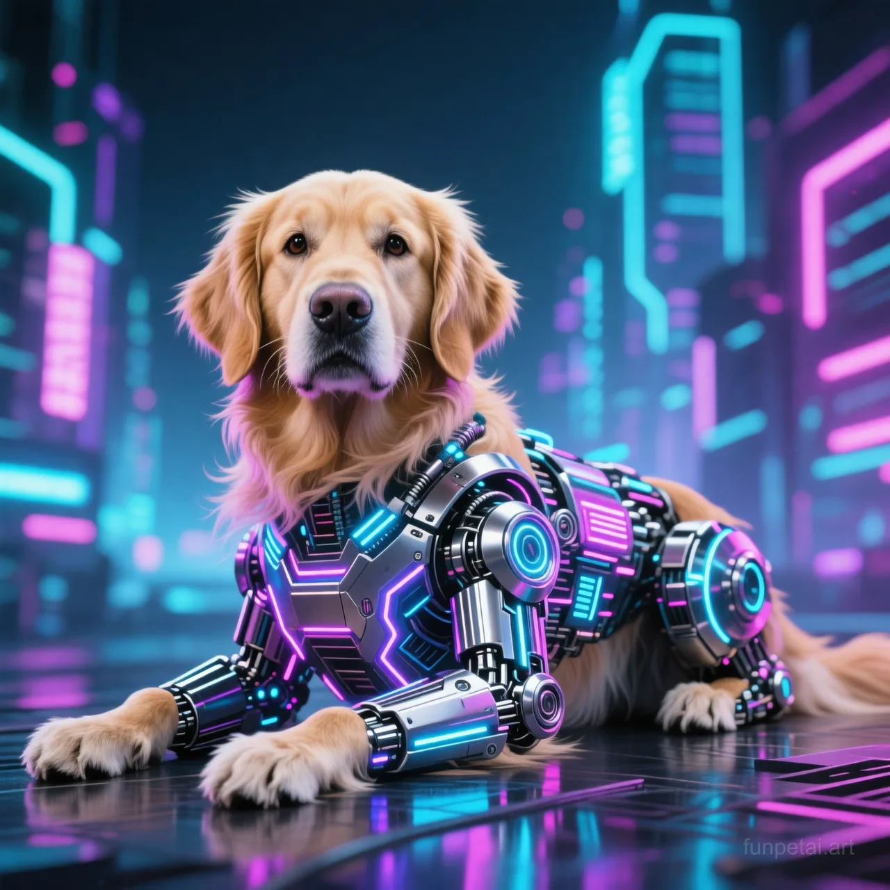 Goldendoodle in neon cyberpunk city lights with metallic accents, cinematic AI pet portrait