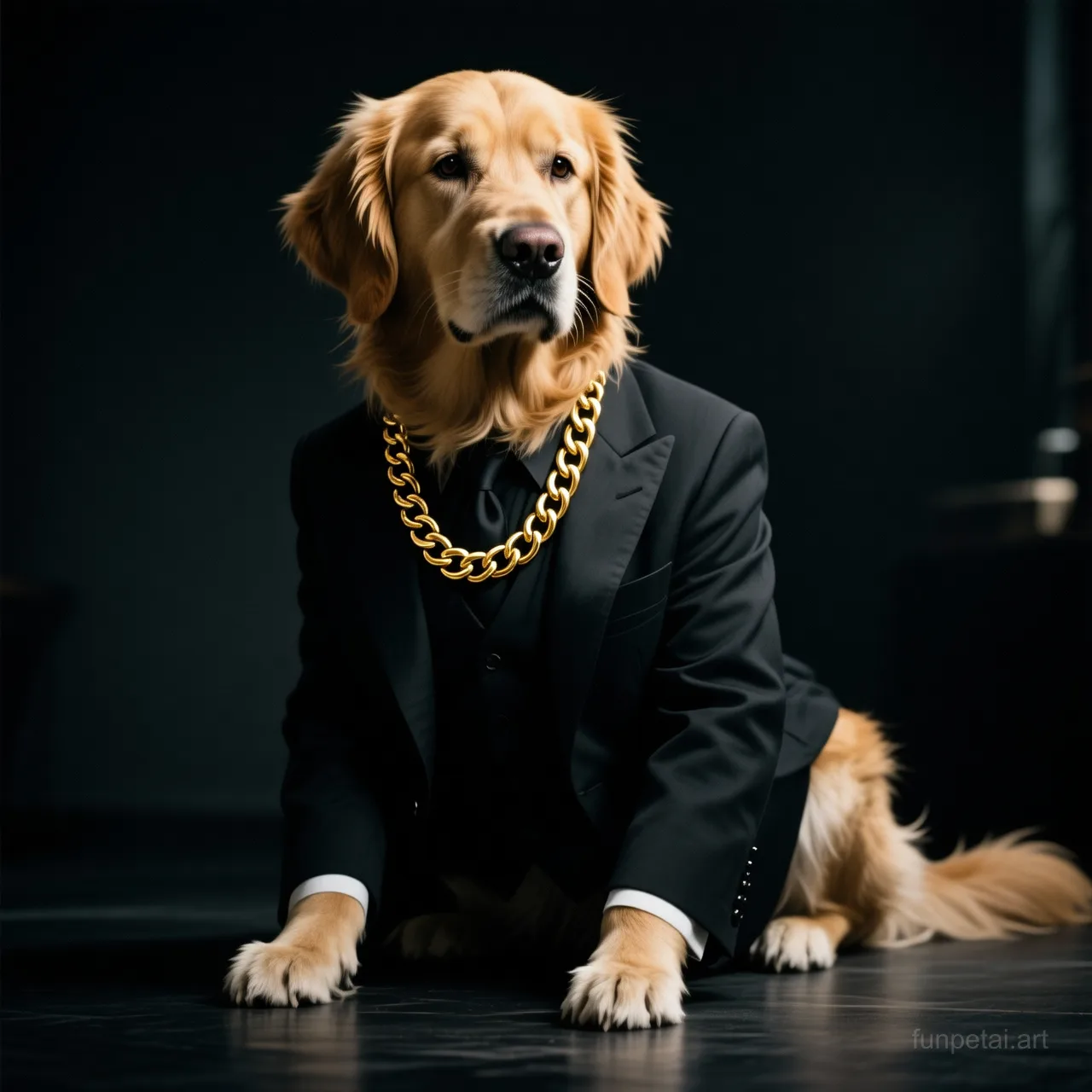 Goldendoodle in a dark suit with gold chain, cinematic noir lighting, cinematic AI pet portrait