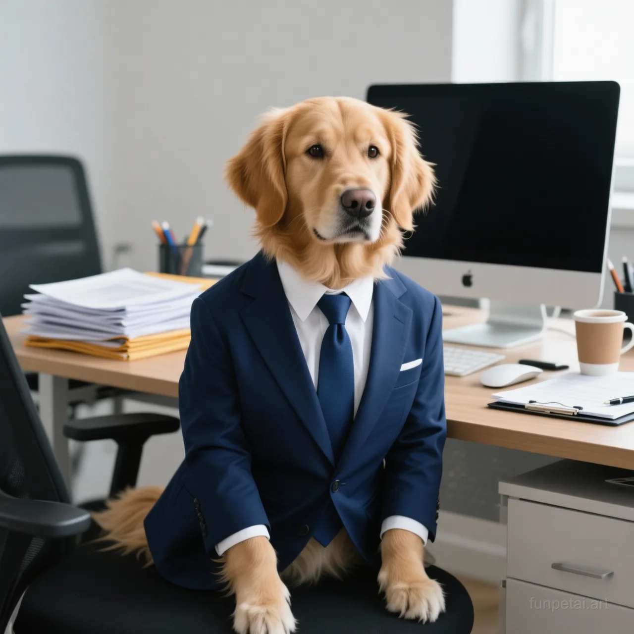 Goldendoodle in a tailored suit at a modern office desk, cinematic AI pet portrait