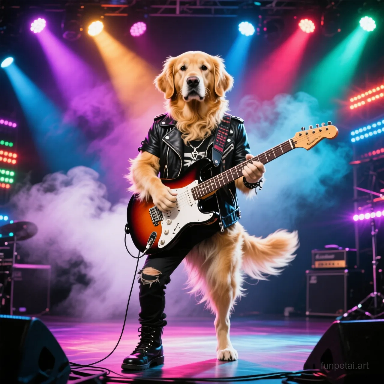 Goldendoodle on stage with an electric guitar and concert lights, cinematic AI pet portrait