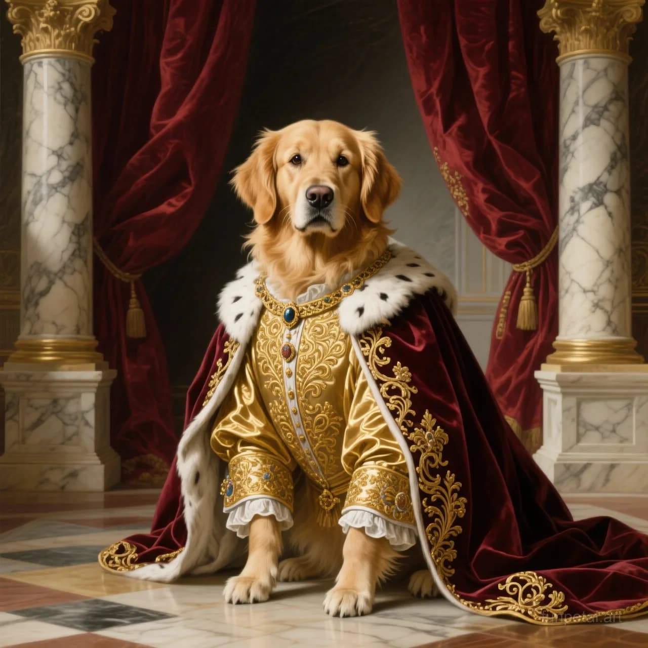 Goldendoodle in a royal portrait with ornate outfit, classic oil texture, cinematic AI pet portrait