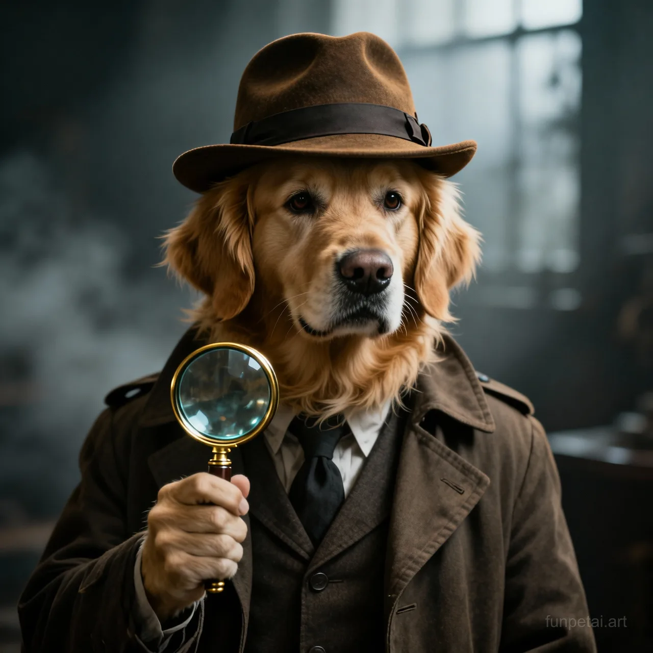 Goldendoodle as a detective with a deerstalker hat and magnifier, cinematic AI pet portrait