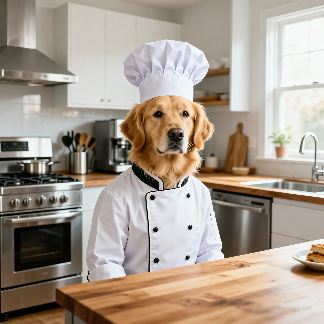 Goldendoodle wearing a chef hat in a modern kitchen, cinematic AI pet portrait