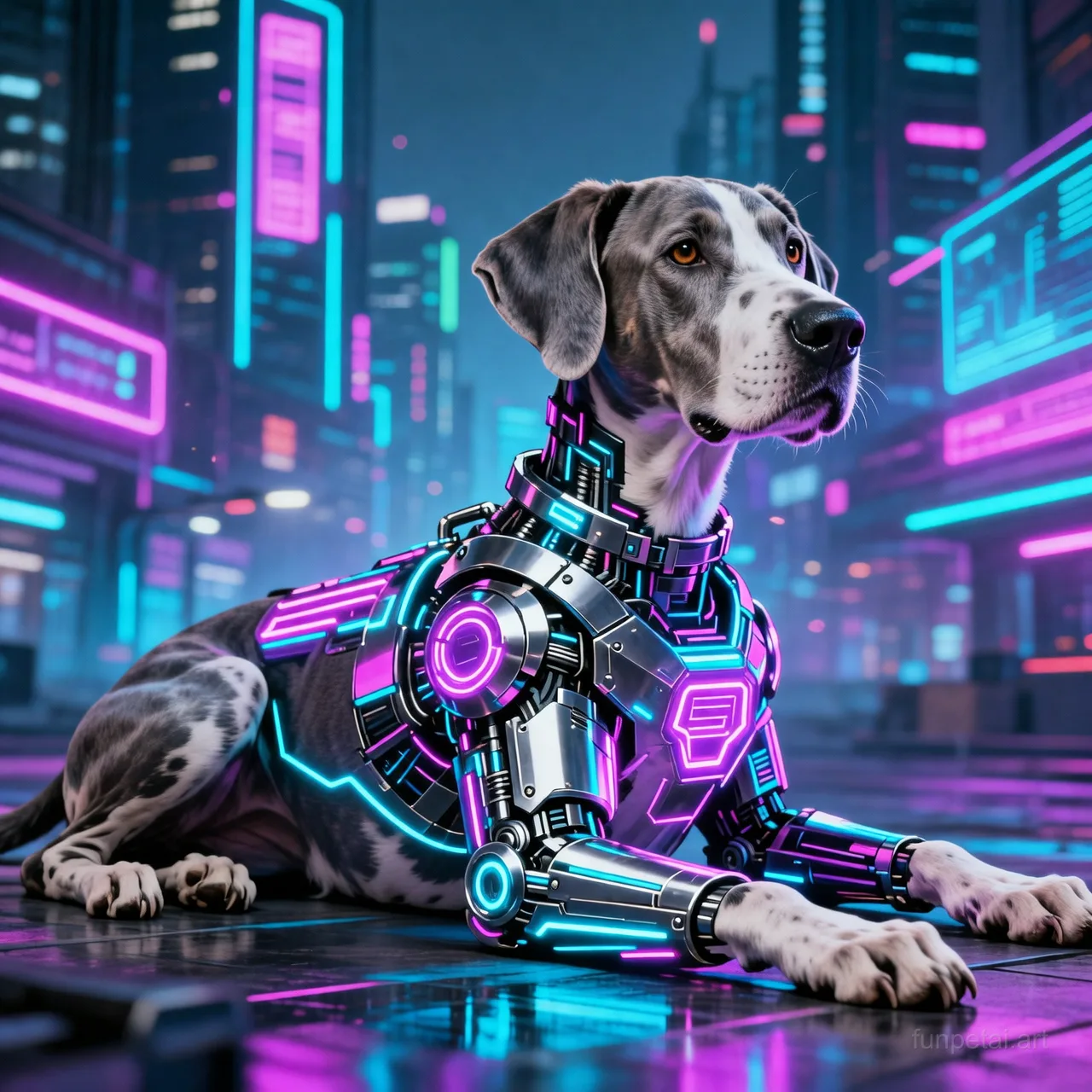Great Dane in neon cyberpunk city lights with metallic accents, cinematic AI pet portrait