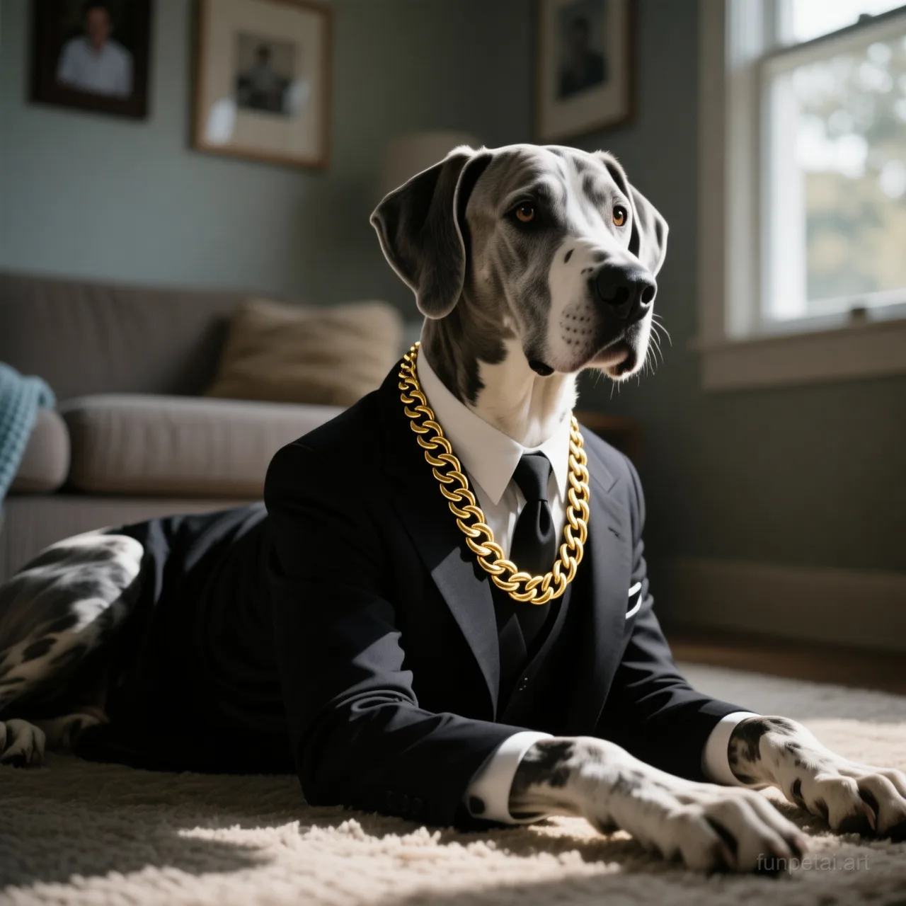 Great Dane in a dark suit with gold chain, cinematic noir lighting, cinematic AI pet portrait