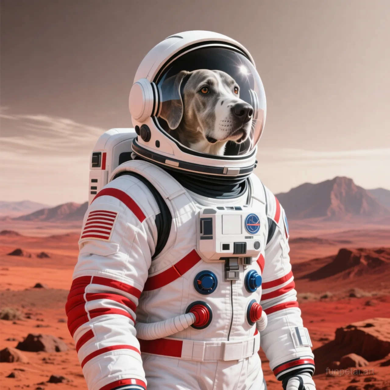 Great Dane wearing a space suit on Mars, red planet glow, cinematic AI pet portrait