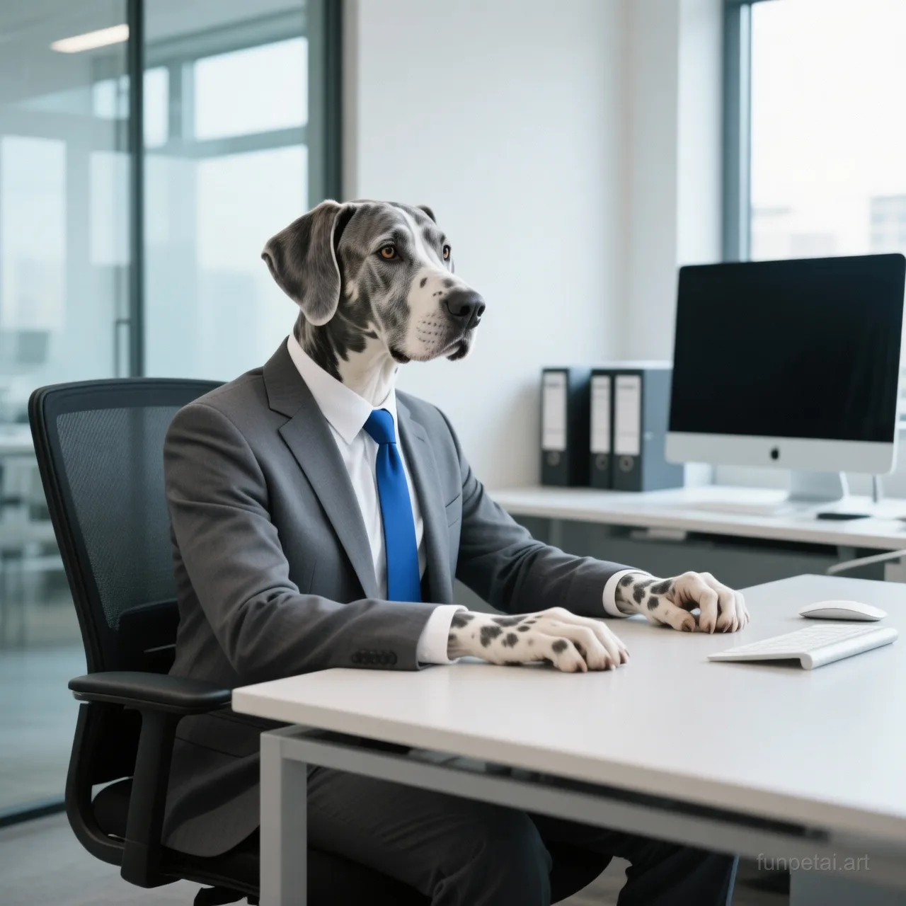 Great Dane in a tailored suit at a modern office desk, cinematic AI pet portrait