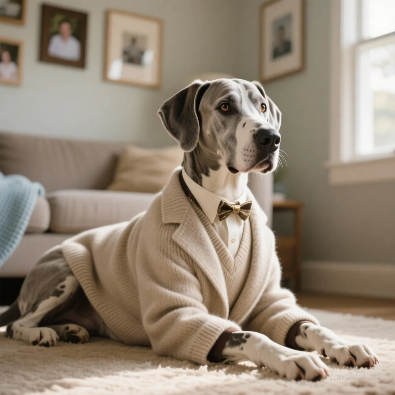 Great Dane in an old money portrait with cashmere texture, cinematic AI pet portrait