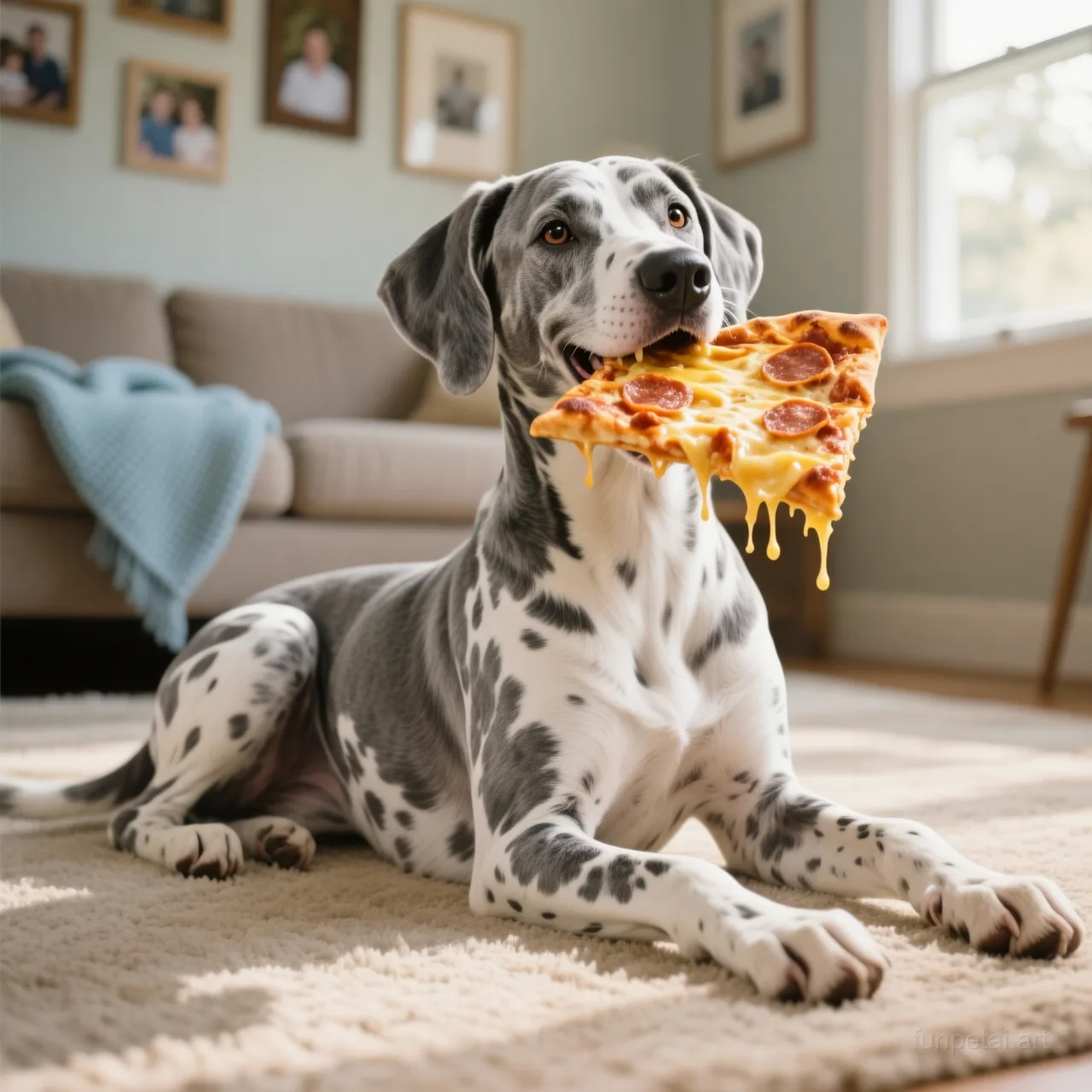 Great Dane stealing a pizza slice with a playful expression, cinematic AI pet portrait