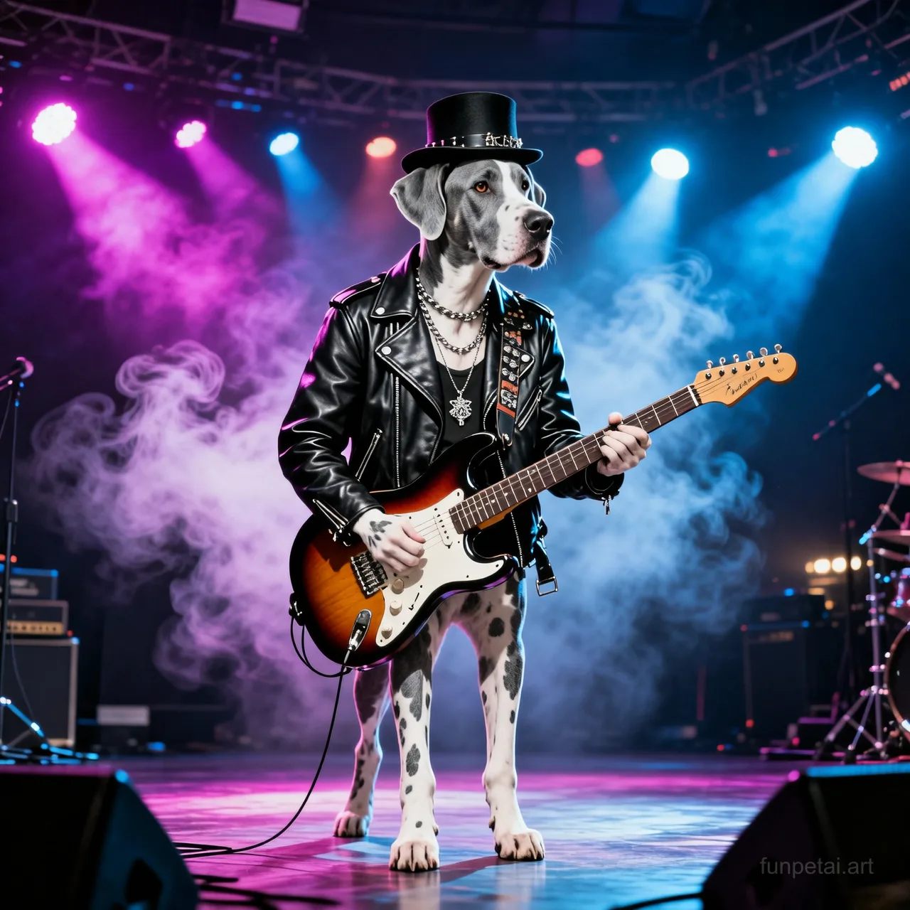 Great Dane on stage with an electric guitar and concert lights, cinematic AI pet portrait