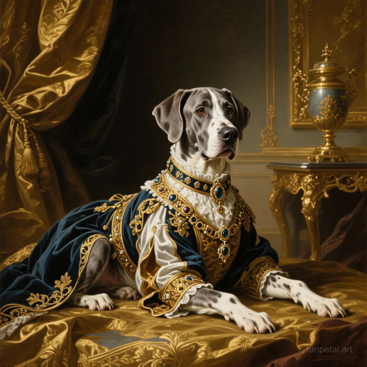 Great Dane in a royal portrait with ornate outfit, classic oil texture, cinematic AI pet portrait