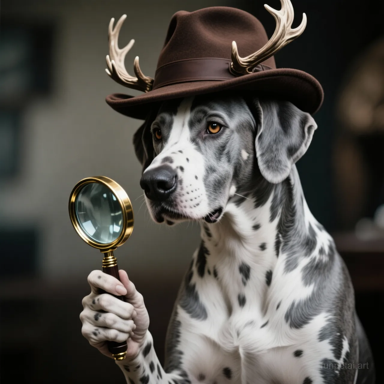 Great Dane as a detective with a deerstalker hat and magnifier, cinematic AI pet portrait