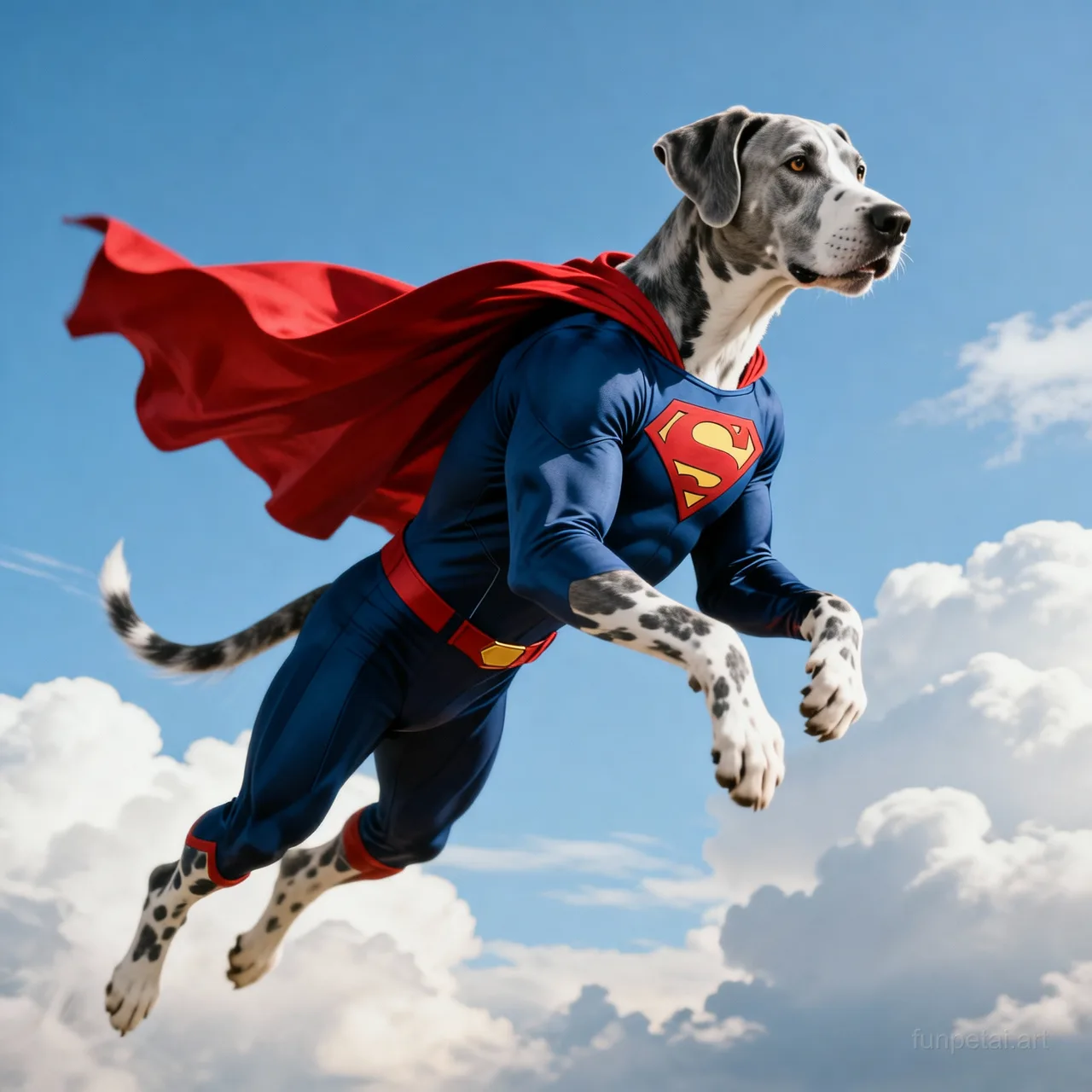 Great Dane as a superhero with a cape and heroic sky, cinematic AI pet portrait