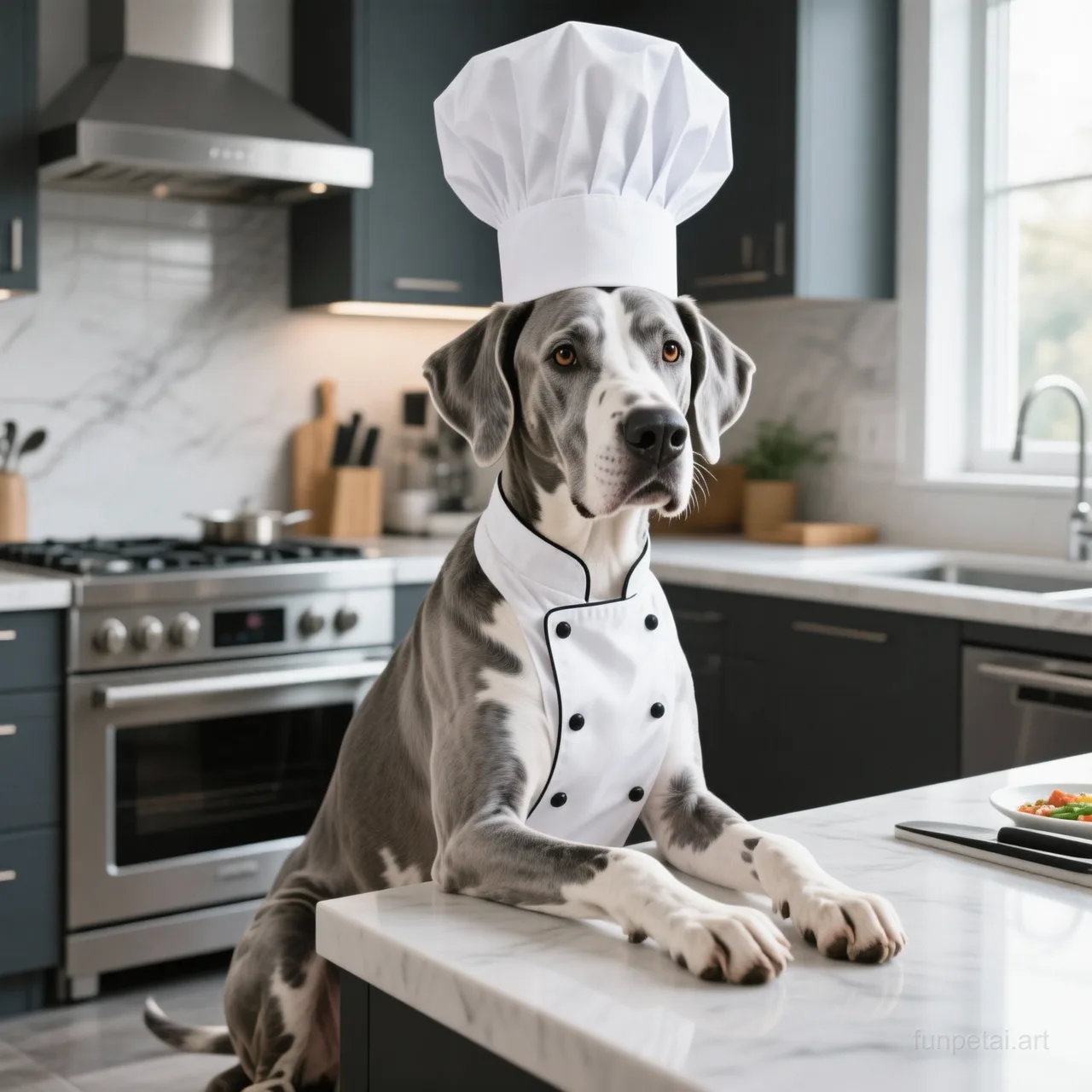 Great Dane wearing a chef hat in a modern kitchen, cinematic AI pet portrait