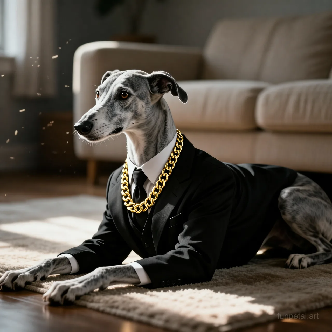 Greyhound in a dark suit with gold chain, cinematic noir lighting, cinematic AI pet portrait