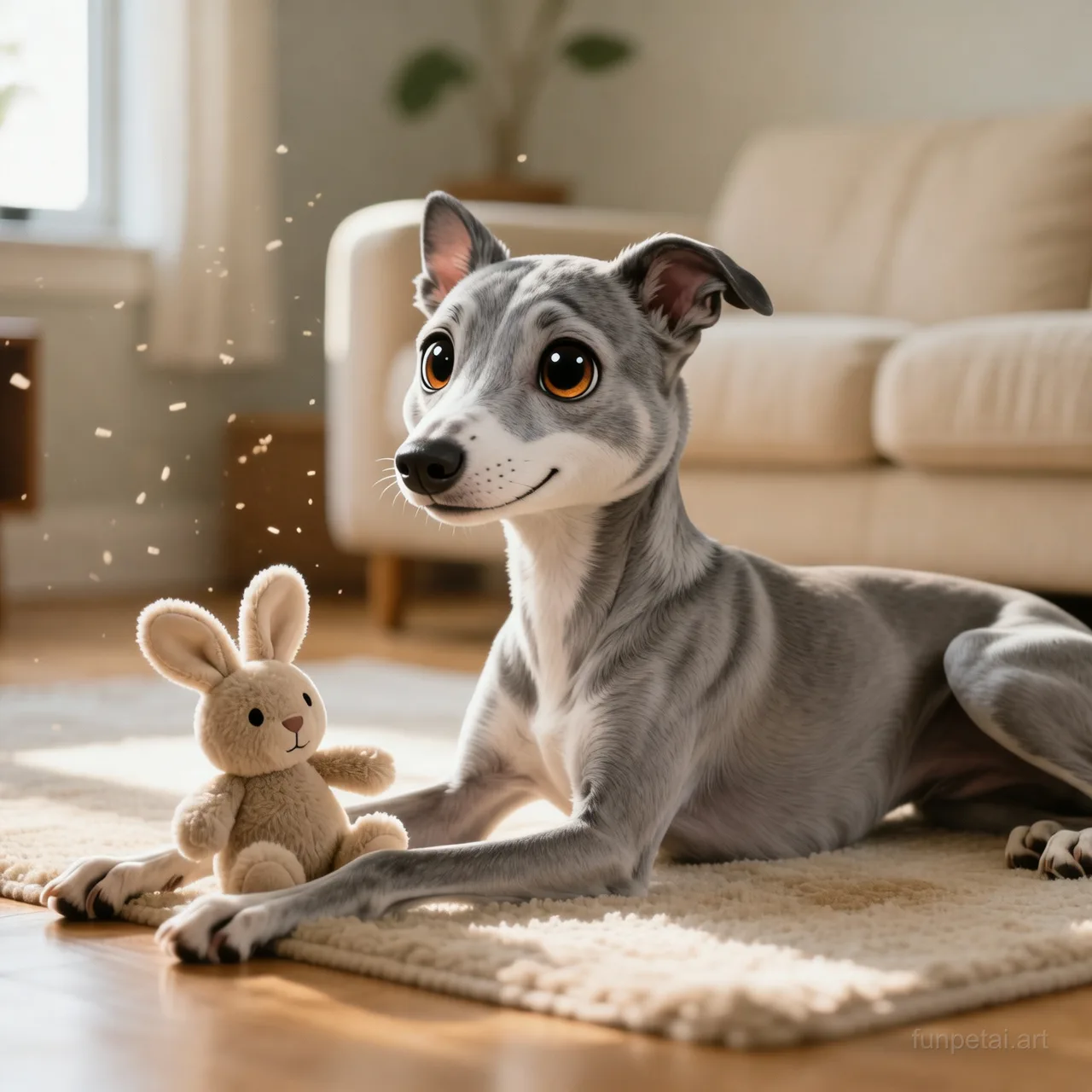 Greyhound with a tiny-face studio portrait look, cinematic AI pet portrait