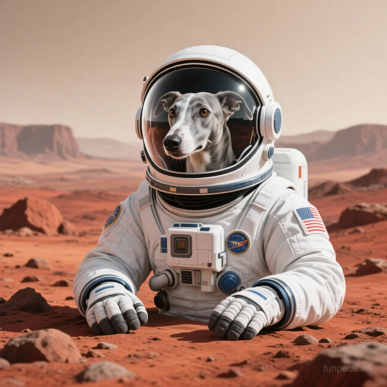 Greyhound wearing a space suit on Mars, red planet glow, cinematic AI pet portrait