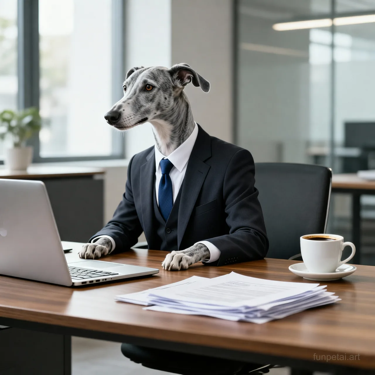 Greyhound in a tailored suit at a modern office desk, cinematic AI pet portrait