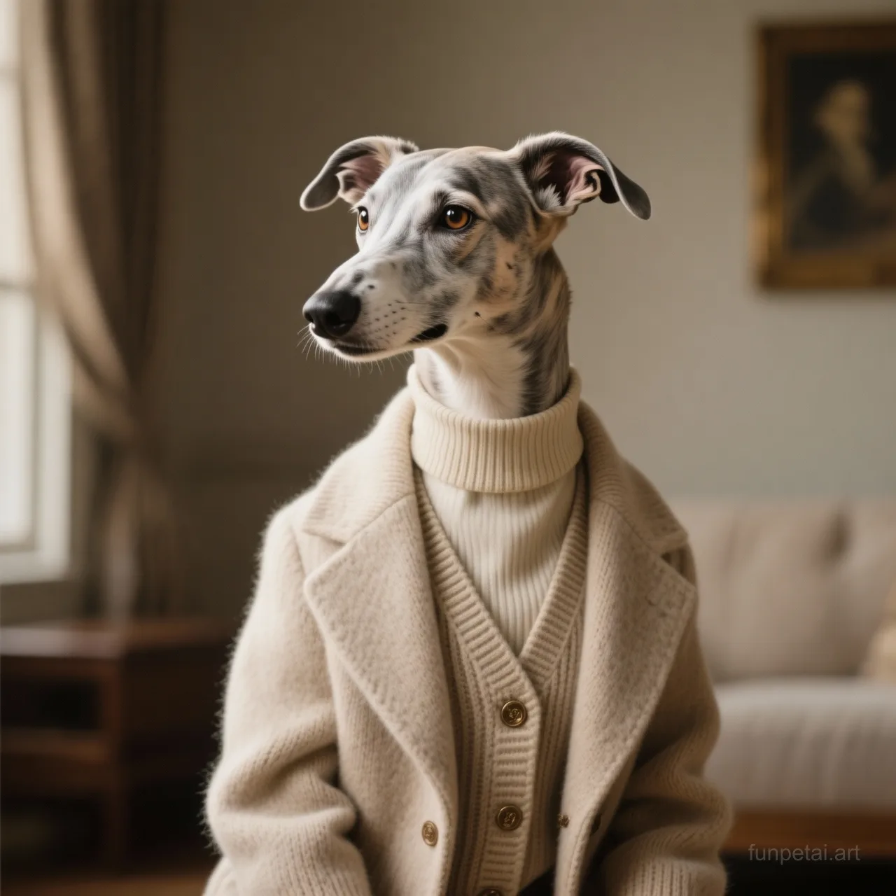 Greyhound in an old money portrait with cashmere texture, cinematic AI pet portrait