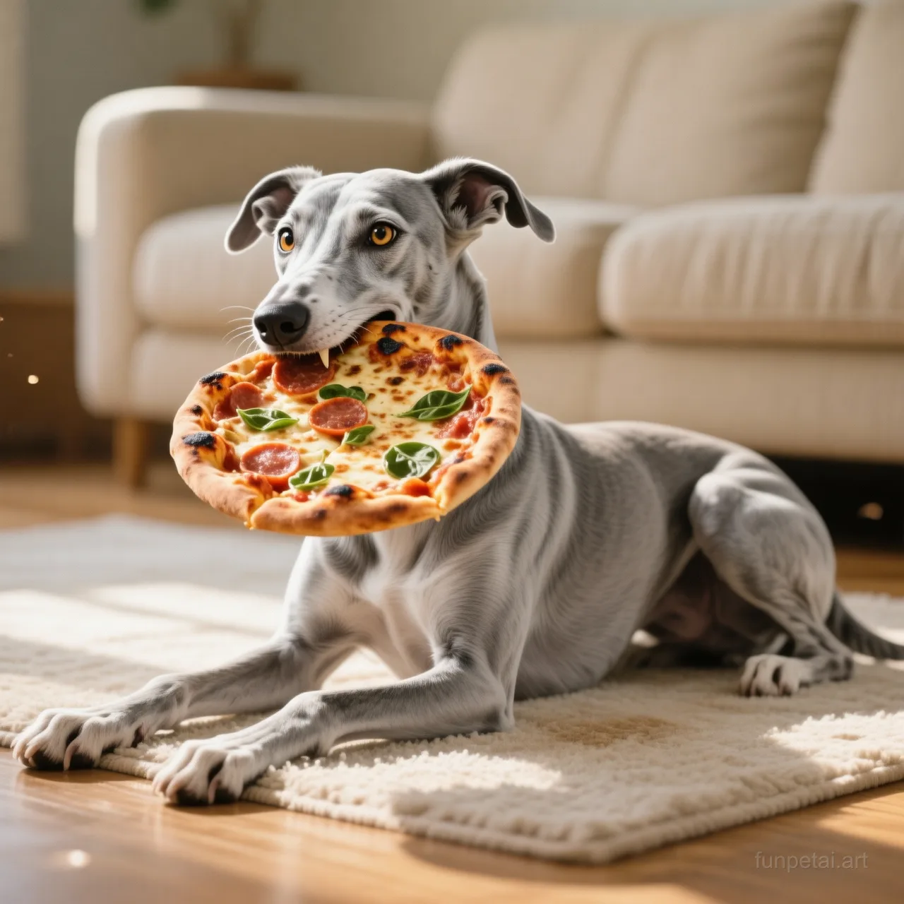 Greyhound stealing a pizza slice with a playful expression, cinematic AI pet portrait