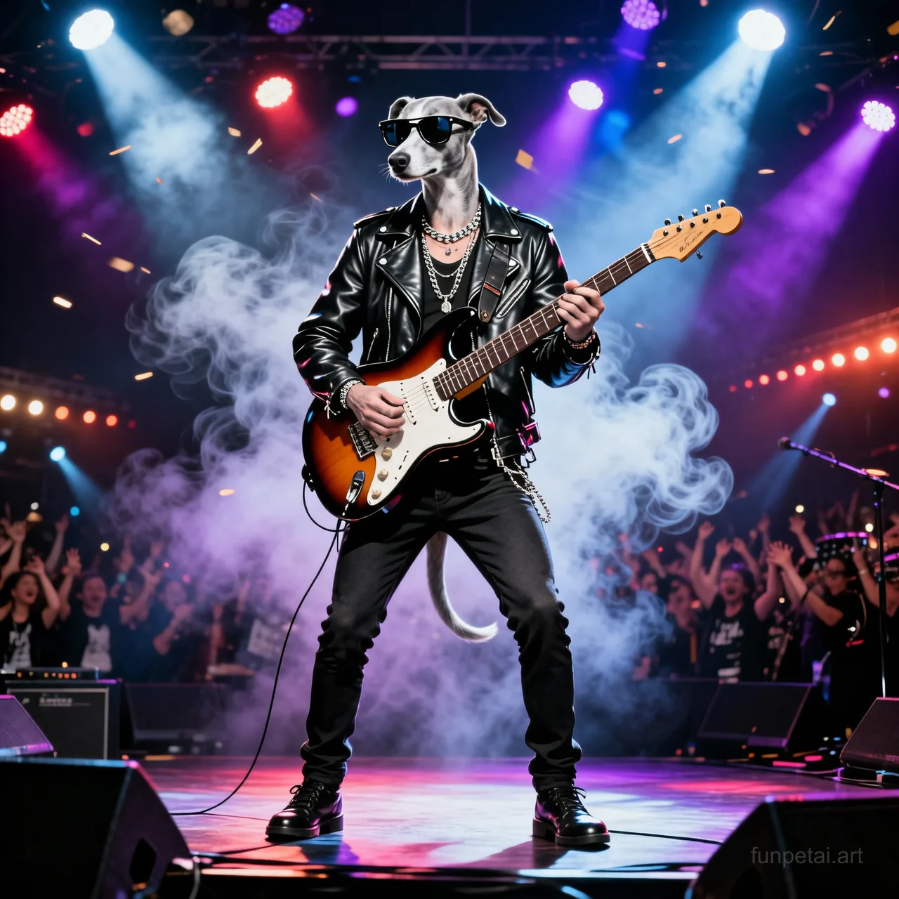 Greyhound on stage with an electric guitar and concert lights, cinematic AI pet portrait