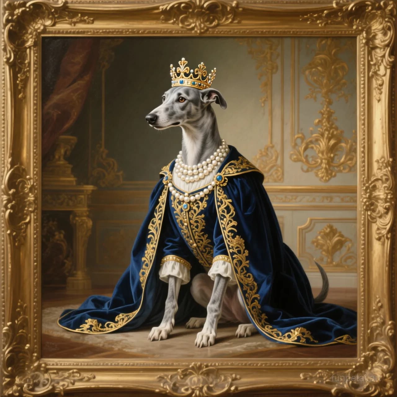 Greyhound in a royal portrait with ornate outfit, classic oil texture, cinematic AI pet portrait