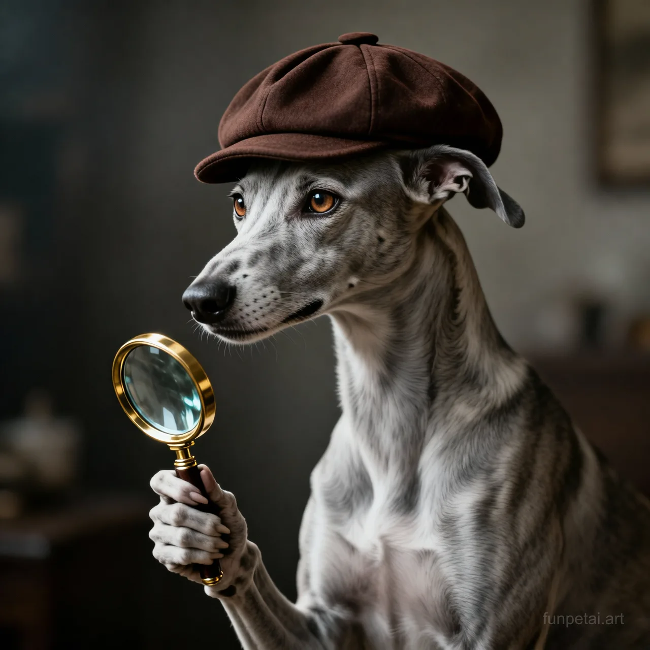 Greyhound as a detective with a deerstalker hat and magnifier, cinematic AI pet portrait
