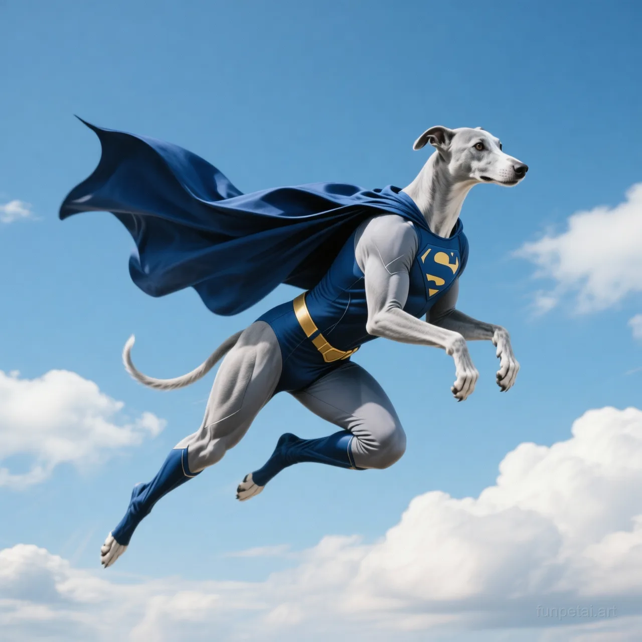 Greyhound as a superhero with a cape and heroic sky, cinematic AI pet portrait