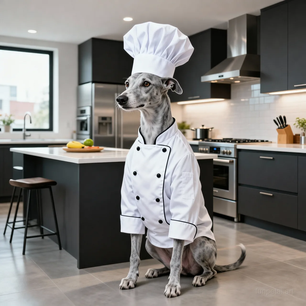 Greyhound wearing a chef hat in a modern kitchen, cinematic AI pet portrait
