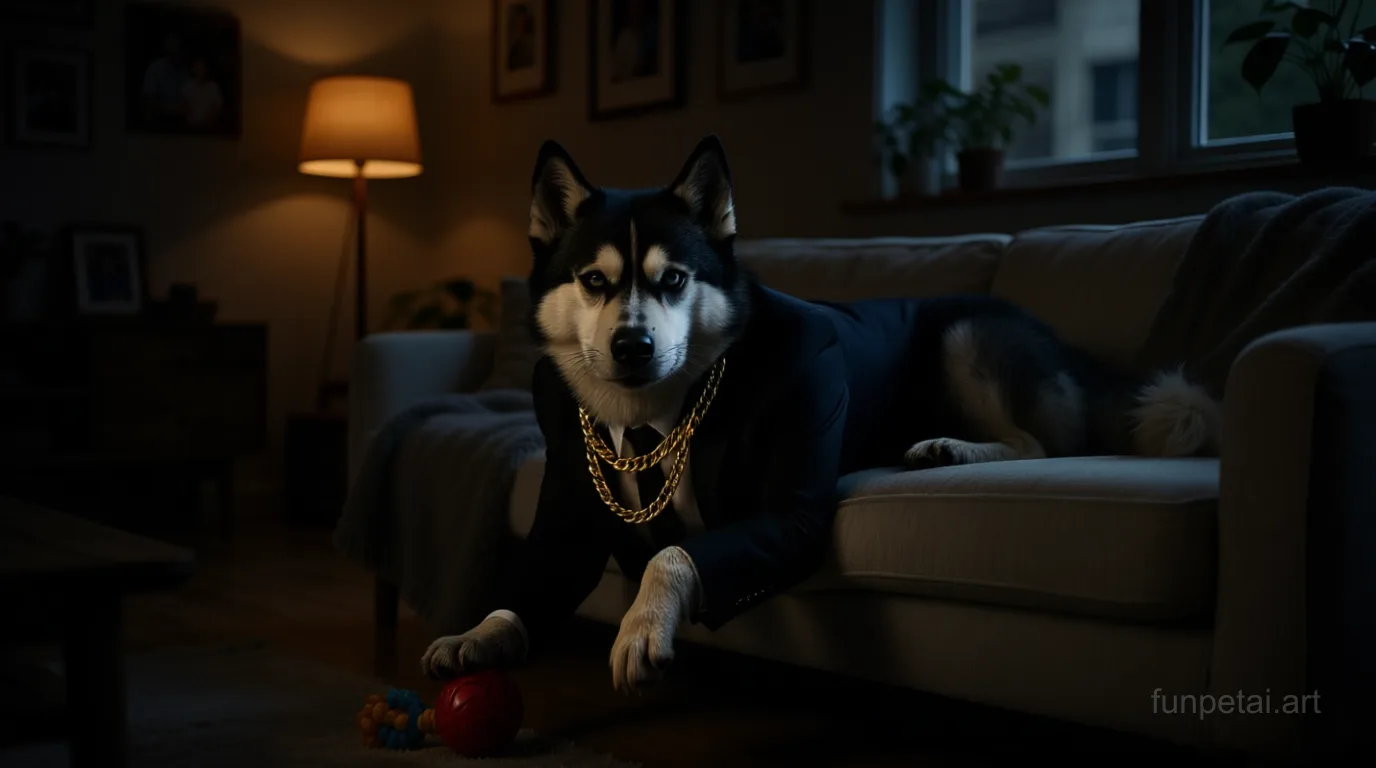 Husky in a dark suit with gold chain, cinematic noir lighting, cinematic AI pet portrait