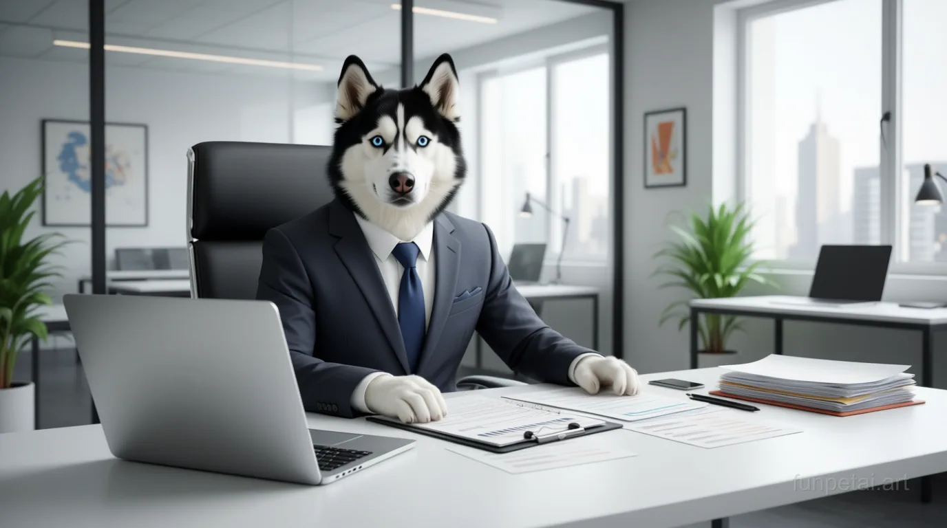 Husky in a tailored suit at a modern office desk, cinematic AI pet portrait
