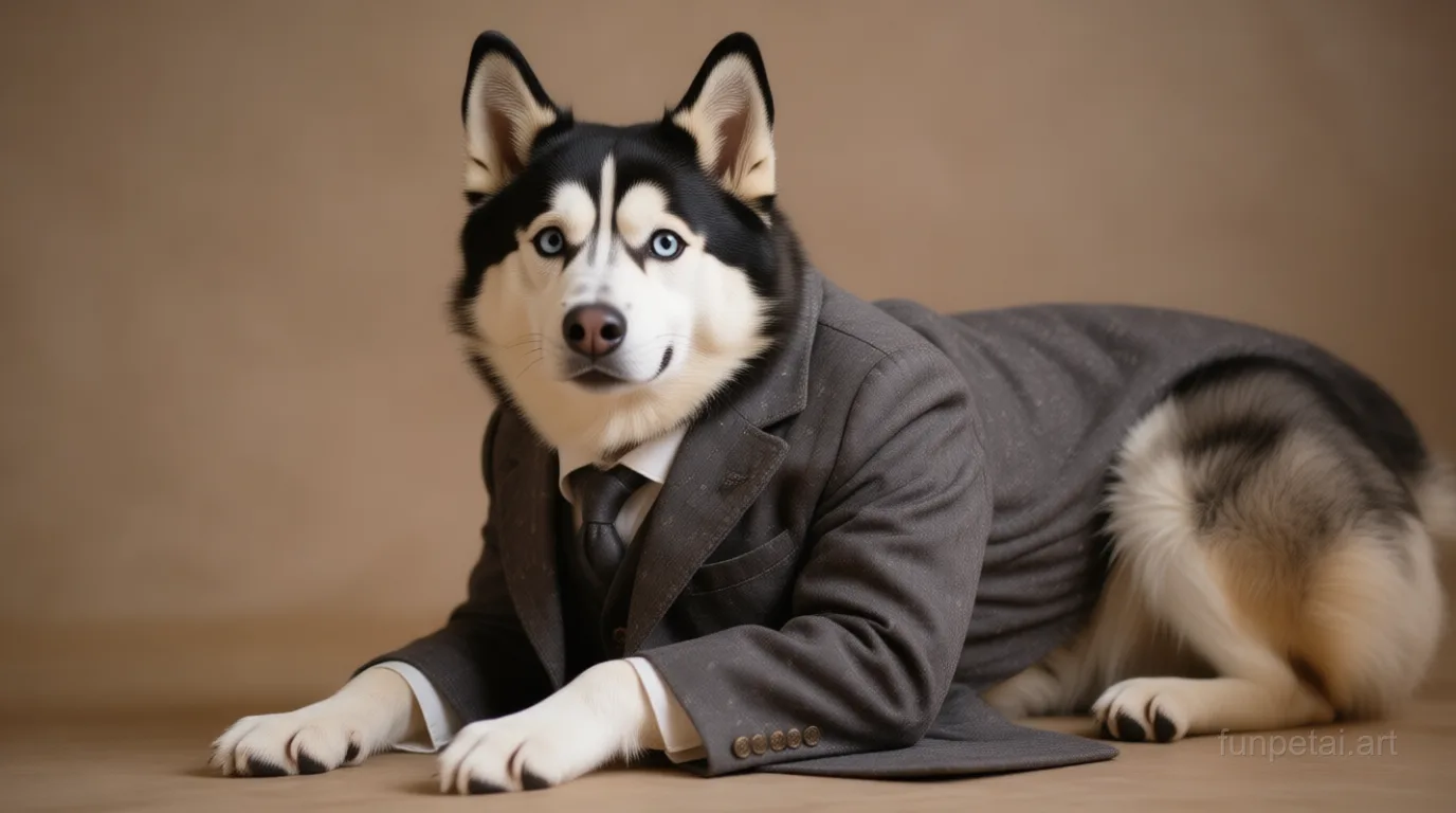 Husky in an old money portrait with cashmere texture, cinematic AI pet portrait