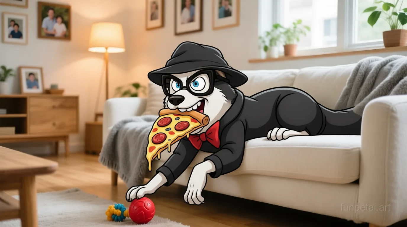 Husky stealing a pizza slice with a playful expression, cinematic AI pet portrait