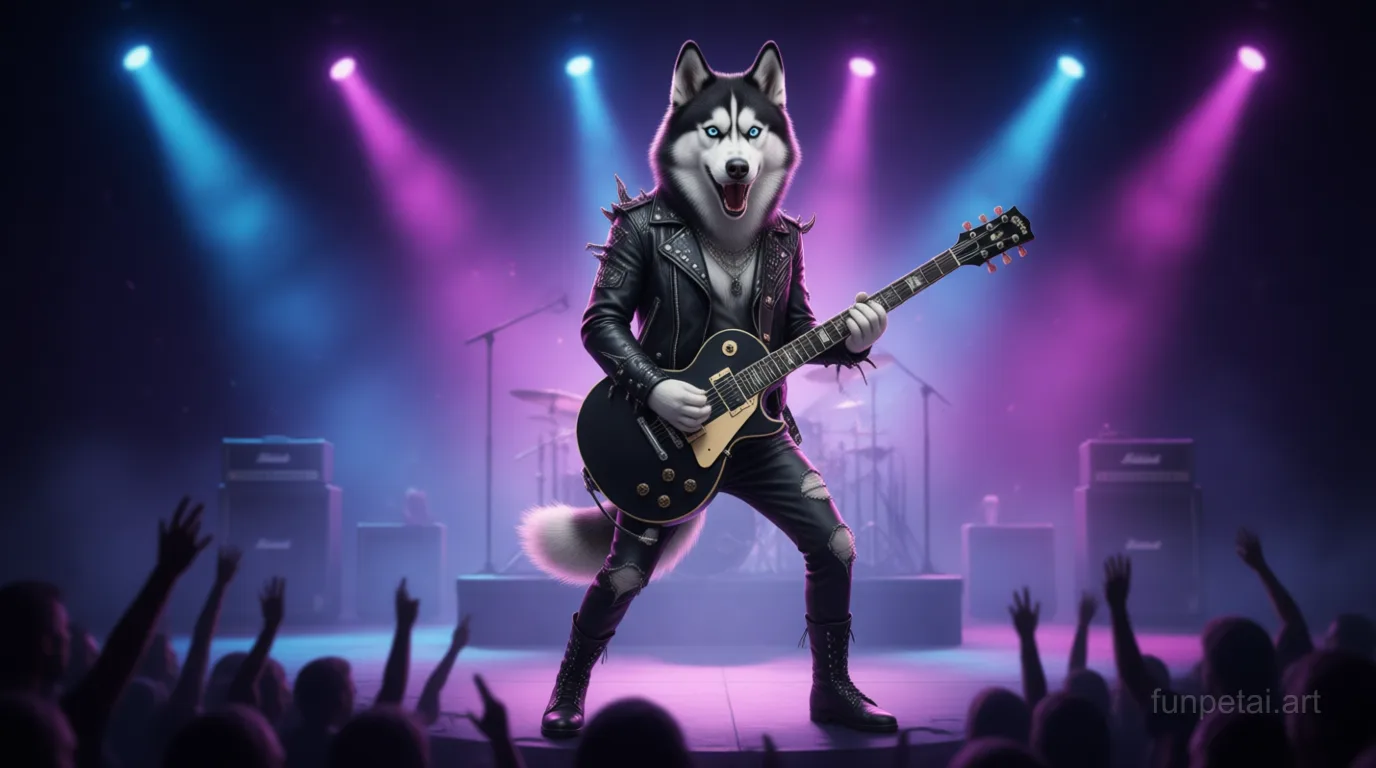 Husky on stage with an electric guitar and concert lights, cinematic AI pet portrait