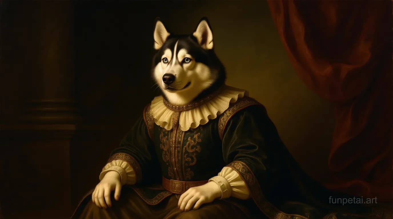 Husky in a royal portrait with ornate outfit, classic oil texture, cinematic AI pet portrait