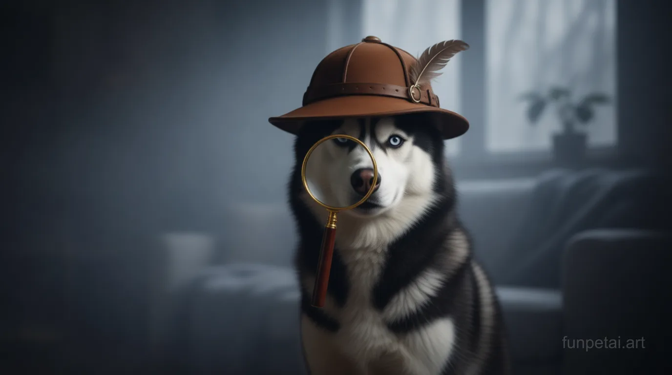 Husky as a detective with a deerstalker hat and magnifier, cinematic AI pet portrait